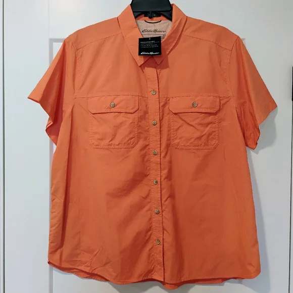 NWT XL Eddie Bauer Mountain Ripstop Orange Hiking Outdoor Button Up SS Shirt NEW - Picture 10 of 12